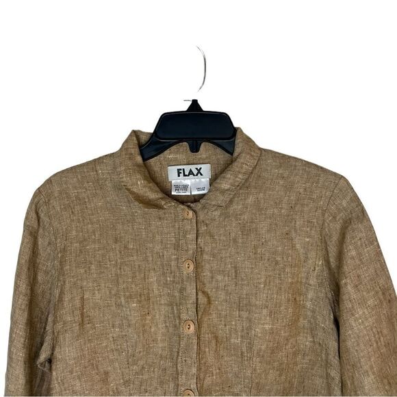 Flax Tan 100% Linen Lagenlook Button Front Cropped Shirt Petite - Picture 3 of 8